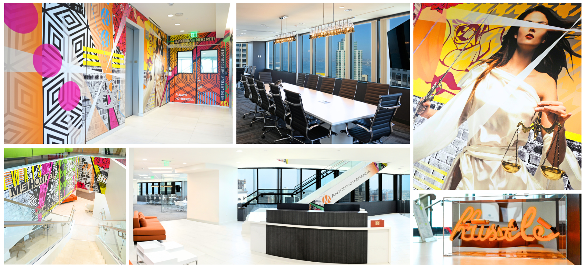 Interior views of Antonyan Miranda LLP’s San Diego office featuring bold, modern murals, a glass-walled conference room overlooking the downtown skyline, a sleek lobby reception with the firm’s logo, artistic stairwell designs, and unique office accents including a neon “hustle” sign. The space blends contemporary corporate professionalism with creative street-art-inspired décor.